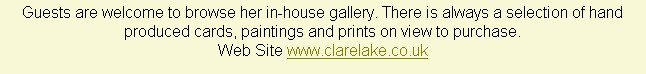 Guests are welcome to browse her in-house gallery. There is always a selection of hand produced cards, paintings and prints on view to purchase.
Web Site www.clarelake.co.uk 